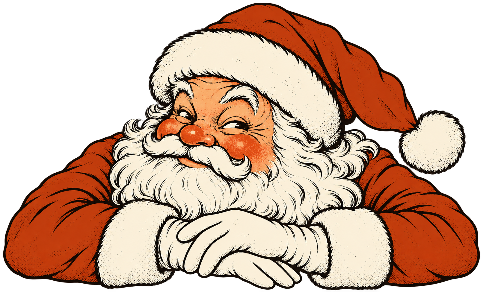 Santa resting his head above his folded arms, from the Reubens Christmas specials menu